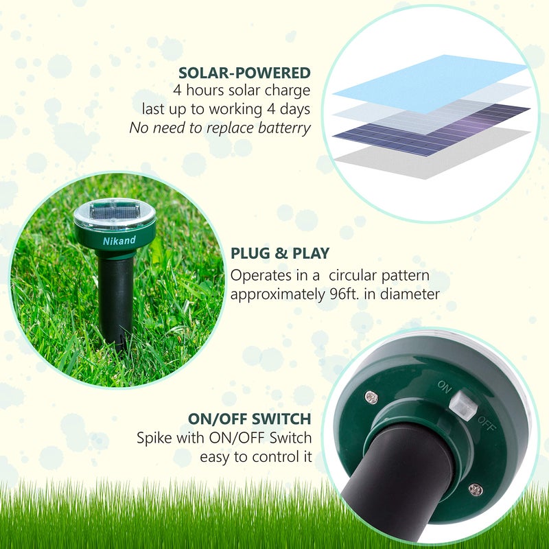 NIKAND Gopher Repellent Ultrasonic Solar Powered - Mole Repellent Stakes Outdoor Pet Safe - Groundhog Repeller Snake Rodent Gopher Spikes Chaser - Sonic Mole Deterrent Devices (2) - Image 5